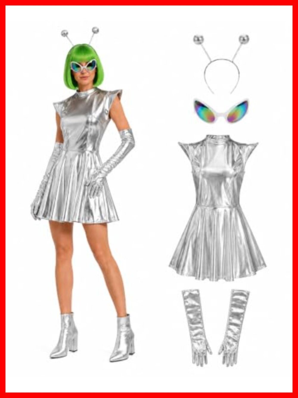 Metallic Silver Alien Costume Dress Gloves Headband Glasses